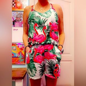Flamingo patterned romper.